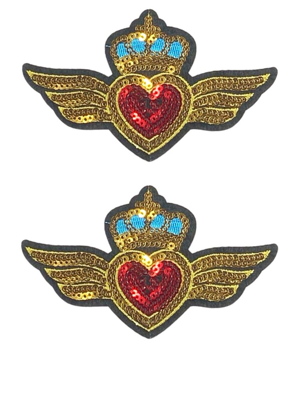 Set of 2 Winged Sequin Heart Crown Embroidered Iron On Patches